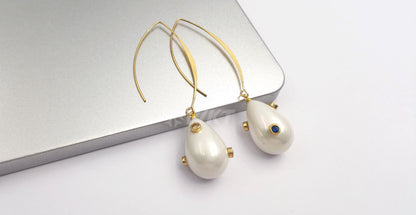 WT-E556 Natural Shell Pearl With Hole Big Ring for Women Shell Earring Gold Plated Hollow Out White Red Shell Earring