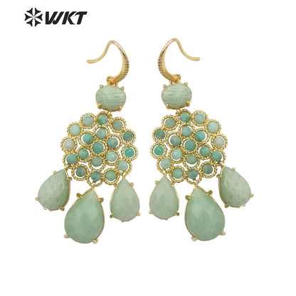 WT-E712 WKT Newest Precious Natural Gemstone Teardrop Earrings Labradorite Amethyst Stone Earrings for Party Gold Drop Earrings