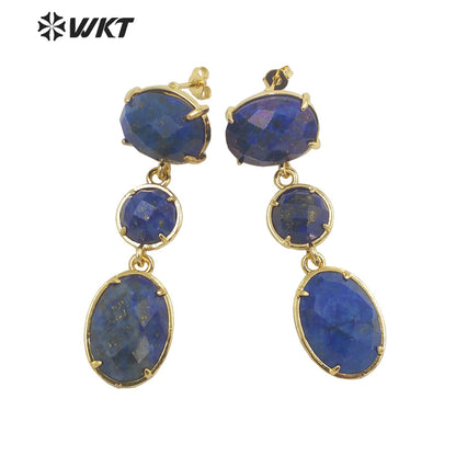 WT-E690 Amazing Gorgeous Fashion Triple Stone Earrings Precious 18k Real Gold Plated Resist Tarnish Prong Setting Dangle Studs