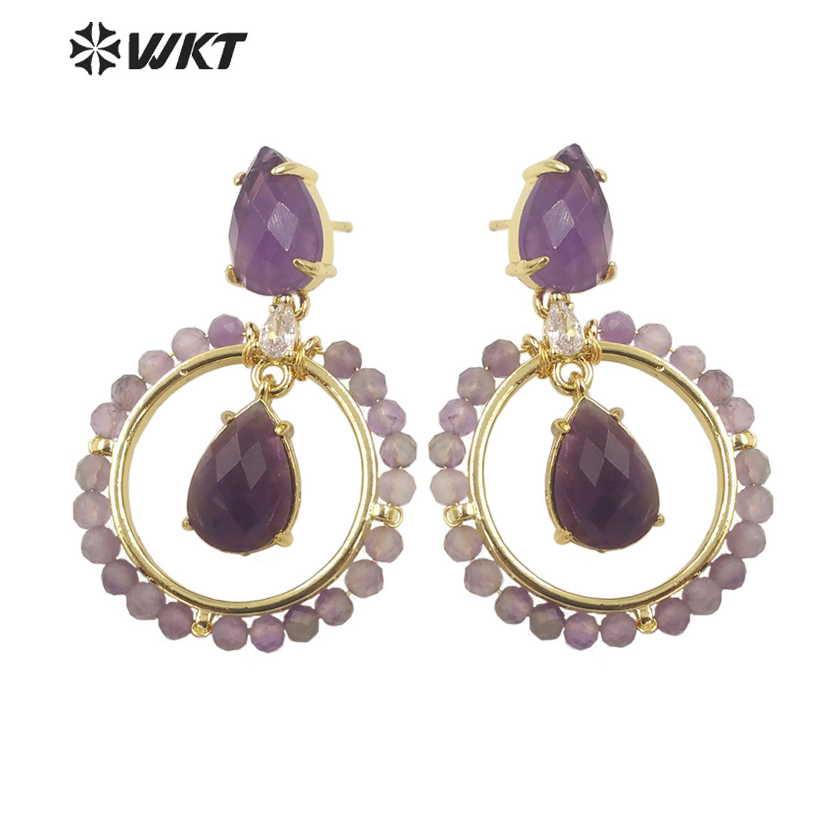 WT-E714 WKT Newest Summer Design Gorgeous Multi Natural Gemstone Big Hoop Earrings Gold Plated Lead Free Amazonite Stone Studs