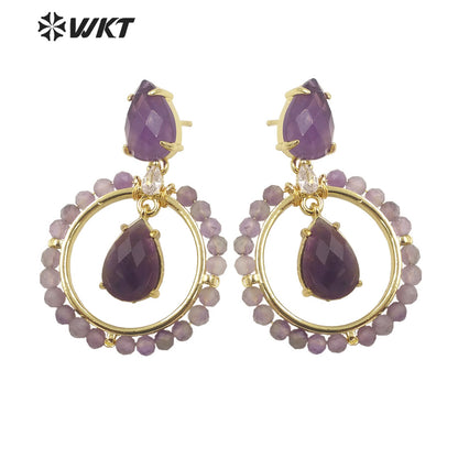 WT-E714 WKT Newest Summer Design Gorgeous Multi Natural Gemstone Big Hoop Earrings Gold Plated Lead Free Amazonite Stone Studs
