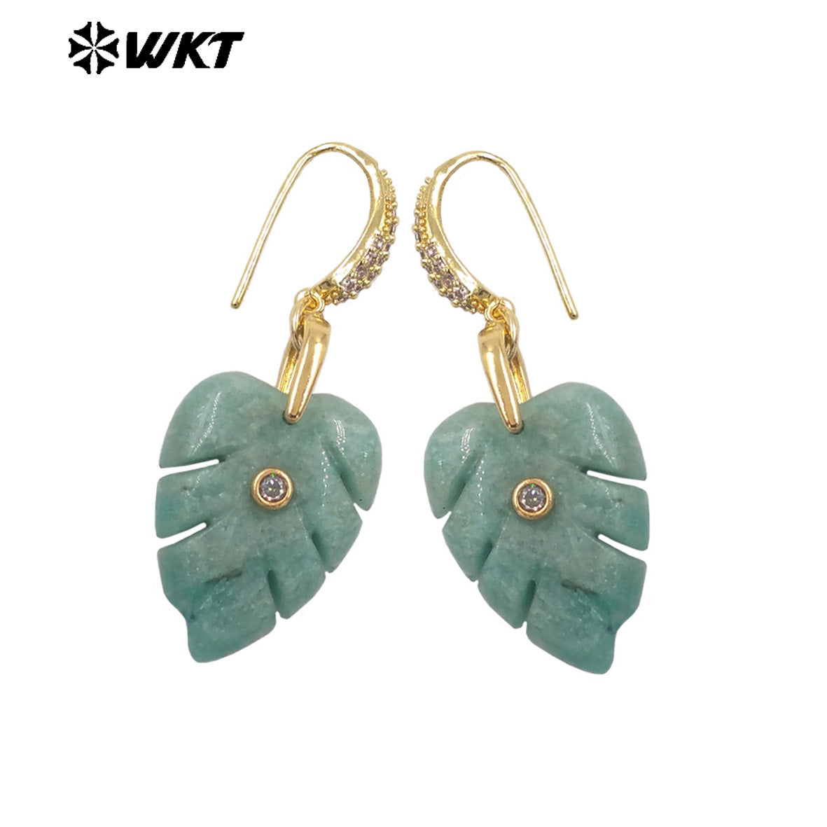 WT-E829 Wholesale Popular Zircon And Colorful Natural Gemstones Carved Leaf Shape Gold Earrings For Women Lovely Jewelry
