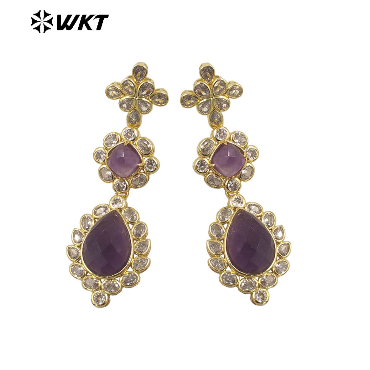 WT-ME088 WKT New Design 18K Real Gold Plated Multi Kinds of Gemstone Earrings Natural Lapis Drop Long Stone Studs for Gift