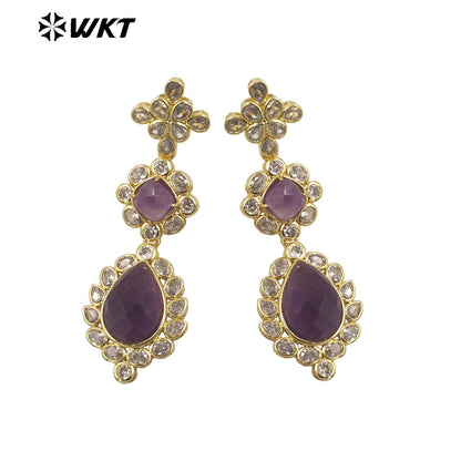WT-ME088 WKT New Design 18K Real Gold Plated Multi Kinds of Gemstone Earrings Natural Lapis Drop Long Stone Studs for Gift