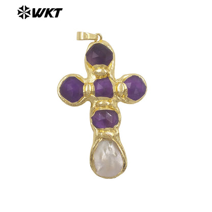 WT-JP449 Newest Labradorite Natural Stones And White Shell Spliced 18K Gold Plated Cross Pendants As Unique Jewelry Gift