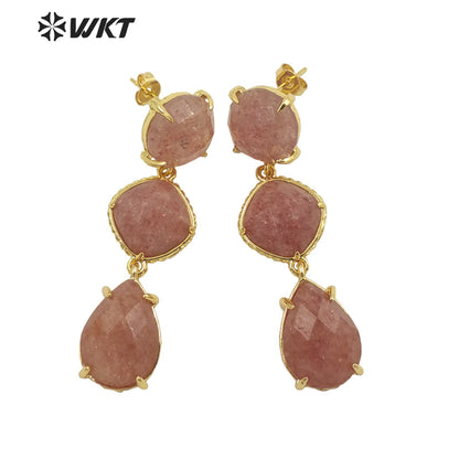 WT-E689 Wholesale Fashion Triple Stone Long Dangle Earrings Gorgeous Lady Prong Setting Natural Gemstone Birthday Stone Earrings