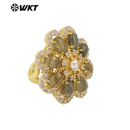 WT-R542 Wholesale Fashion Gold Micro Pave Cubic Zircon With Natural Gemstone Setting Beautiful Women Flower Ring