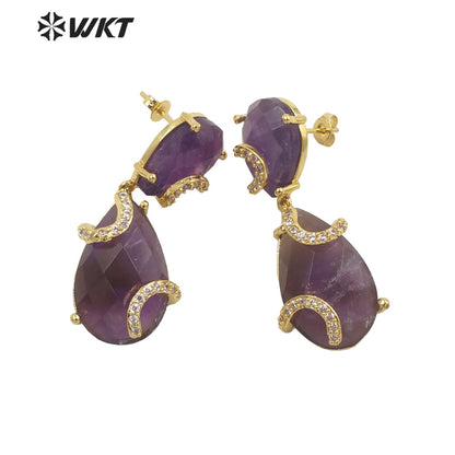 WT-E692 WKT New Design Colorful Spring Match Style Faceted Natural Stone Teardrop Earrings with Cubic Zircon Earrings for Party