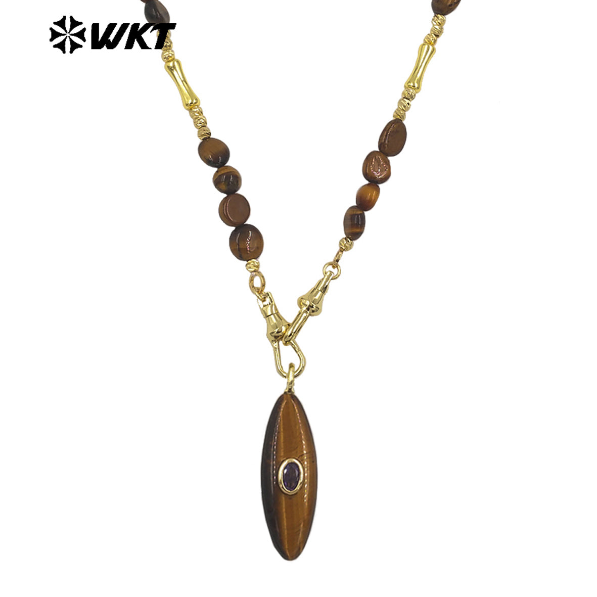 WT-N1521 Beautiful Fashion Metal Splicing Stone Beads Chain With Natural Gemstones Long Pendant Necklaces As Female Matching