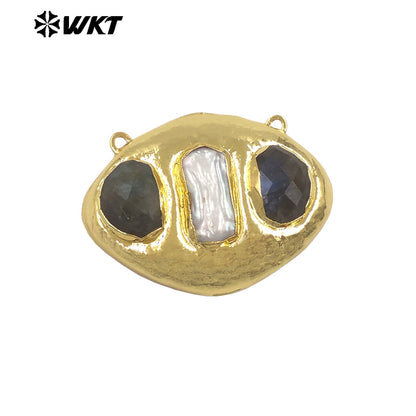 WT-PC021 Delicate 18K Gold Plated Two Natural Stones And Pearl Connectors With Double Hoops For Women Unique Necklace Design