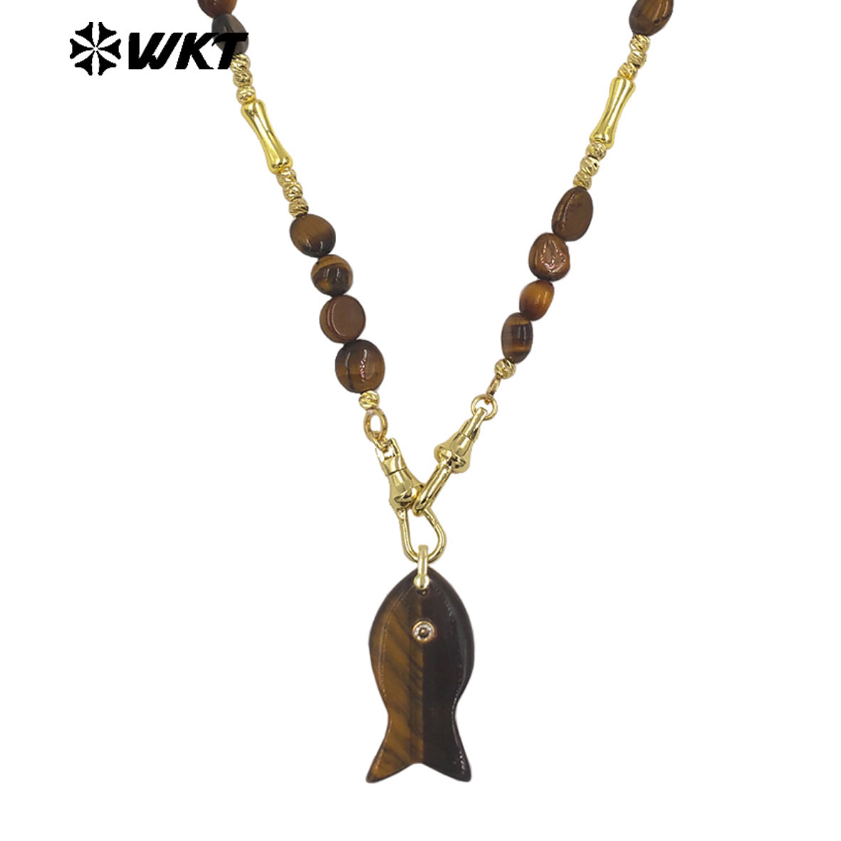 WT-N1522 Wonderful Stone Beads Splicing Metal Gold Chain With Natural Gemstones Fish Shape Pendant Necklaces For Women Gift