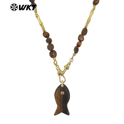 WT-N1522 Wonderful Stone Beads Splicing Metal Gold Chain With Natural Gemstones Fish Shape Pendant Necklaces For Women Gift