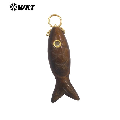WT-P2069 Cute Design Zircon And Natural Gemstones Hand Carved Fish Shape Little Pendants For Lady Jewelry DIY Accessory