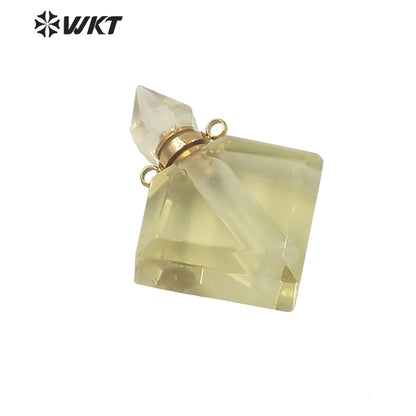 WT-P1575 Wholesale Rhombus Shape Natural Stone Essence Oil Bottle Pendant Gold Stainless Steel Components Stone Perfume Bottle