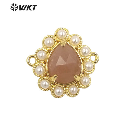 WT-PC008 Delicate Fashion 18K Real Gold Plated Resist Tarnishable Gemstone Carved Drop Pearl Connectors
