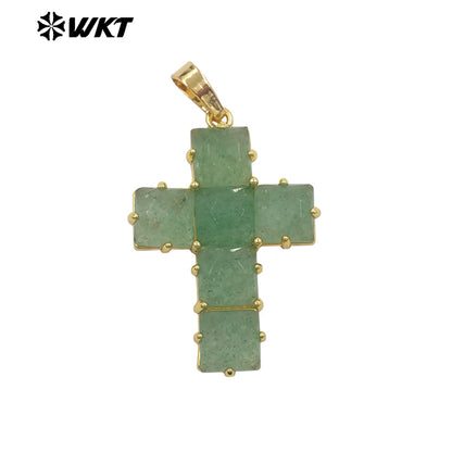 WT-P2113 Wonderful Gold Plated Square Natural Gemstones Splicing Cross Shape Pendants As Friend Handmade Jewelry Gift Findings