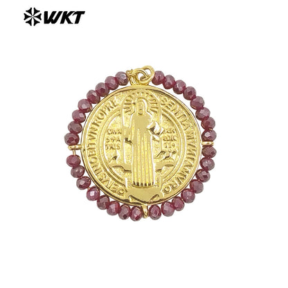 WT-MN991 Fashion Popular Women Wire Wrapped Brass 18K Gold St Benedict Medal Necklace With Crystal Decorate Religious Jewelry