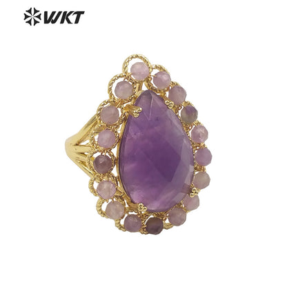 WT-R458 Gorgeous Invisible Setting Natural Teardrop Stone Ring 18k Gold Plated Precious Gemstone Drop Anniversary Ring