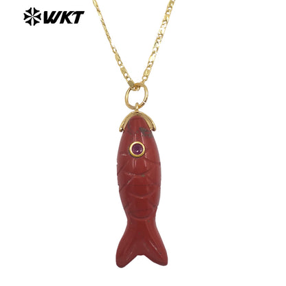 WT-N1512 Delicate Metal Thin Chain And Natural Gemstones Little Fish Shape Pendant Necklaces As Girls Elegant Accessories
