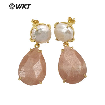 WT-E696 Amazing the Royal Nobility Gorgeous Design Women Natural Gemstone Teardrop Earrings with Pearl Studs in Resist Gold