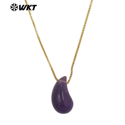 WT-N1483 WKT Wholesale New Design Natural Gemstone Necklace With Gold Color Tiny Chain Waterdrop Shape Female Birthday Jewelry