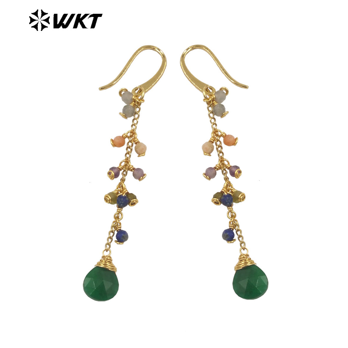 WT-E725 Amazing Colorful Gemstone Wire Wrapped Long Charming Earrings Women Dangle Gold Birthday Stone Earrings in Drop