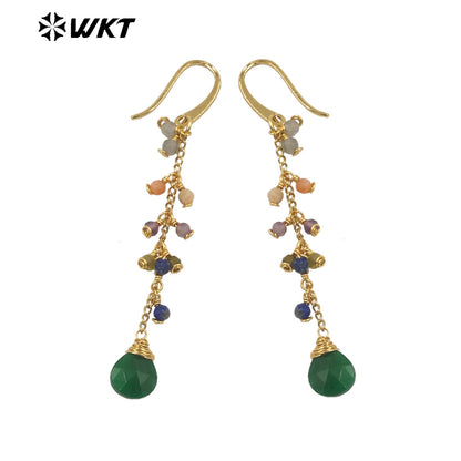 WT-E725 Amazing Colorful Gemstone Wire Wrapped Long Charming Earrings Women Dangle Gold Birthday Stone Earrings in Drop