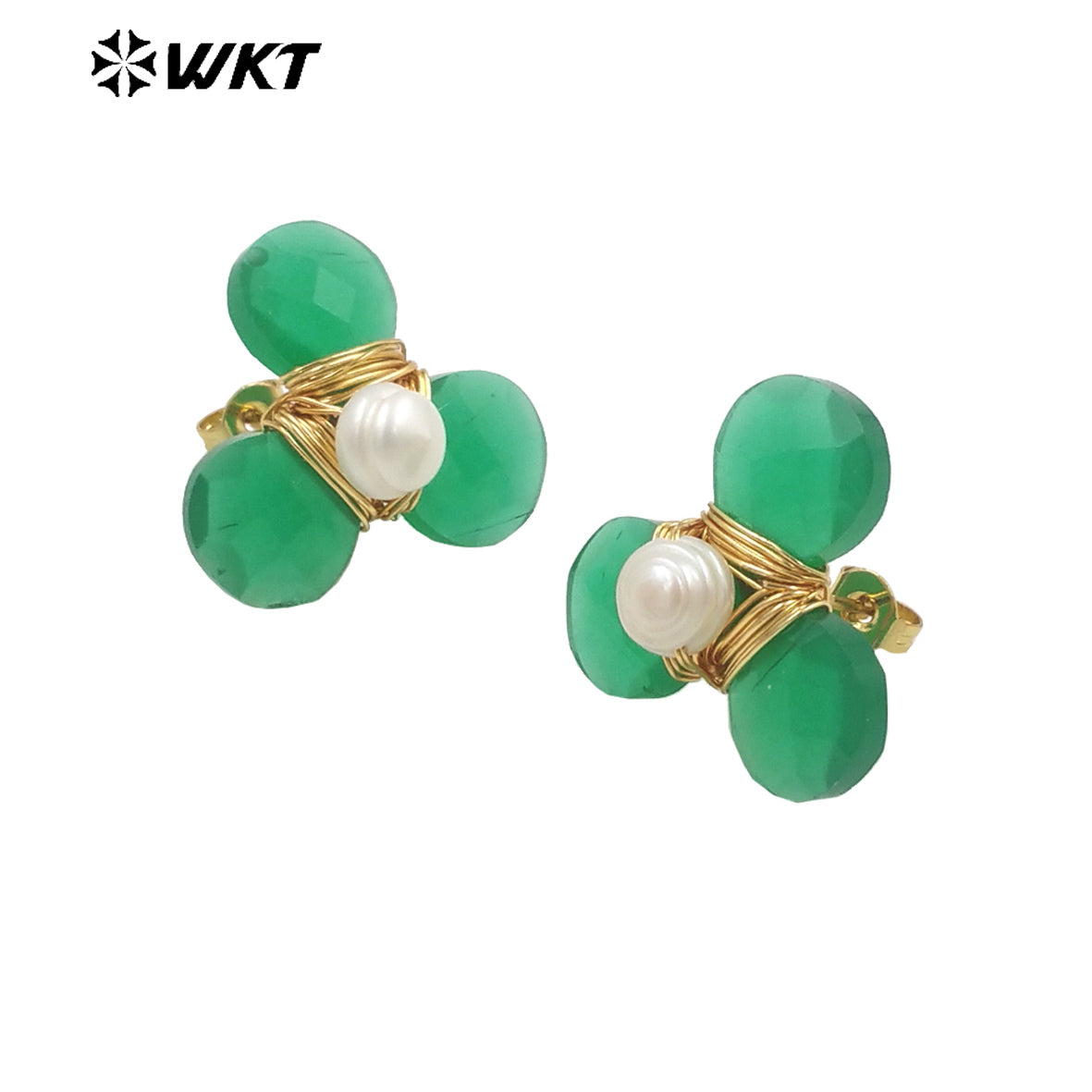 WT-E723 Women New Earrings Design Colorful Cat Eye Stone Flower Studs Handmade Wire Wrapped Pearl Leaf Fashion Girl Earrings
