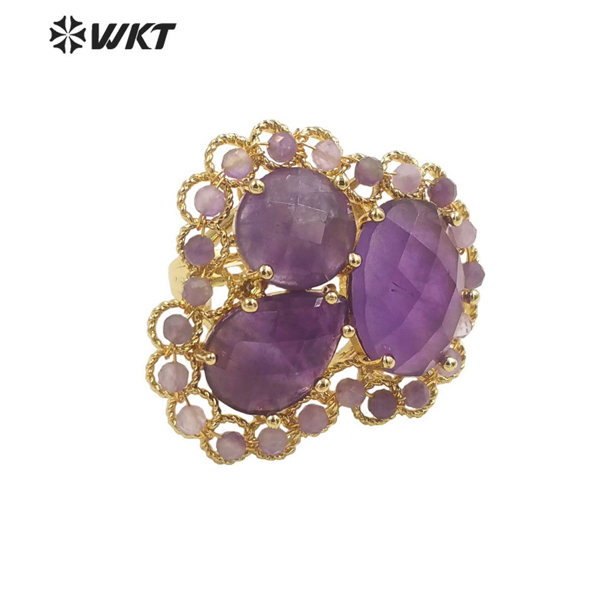 WT-R452 Newest Gold Bezel Natural Gemstone Cocktail Ring Big Exaggerated Luxury Gold Plated Women Triple Stone Ring