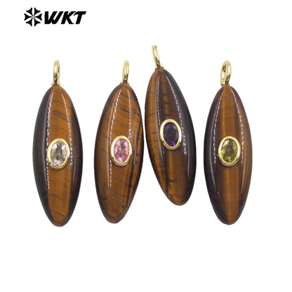WT-P2053 Popular Style Zircon Gold Plated Natural Gemstones Long Oval Shape Pendants For Women Necklace Making Findings