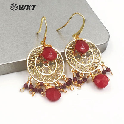 WT-E695 Bohemia Fashion Gold Gypsy Earrings with Natural Gemstone Made Dangle Earrings Handmade DIY Stone Hoop Earrings