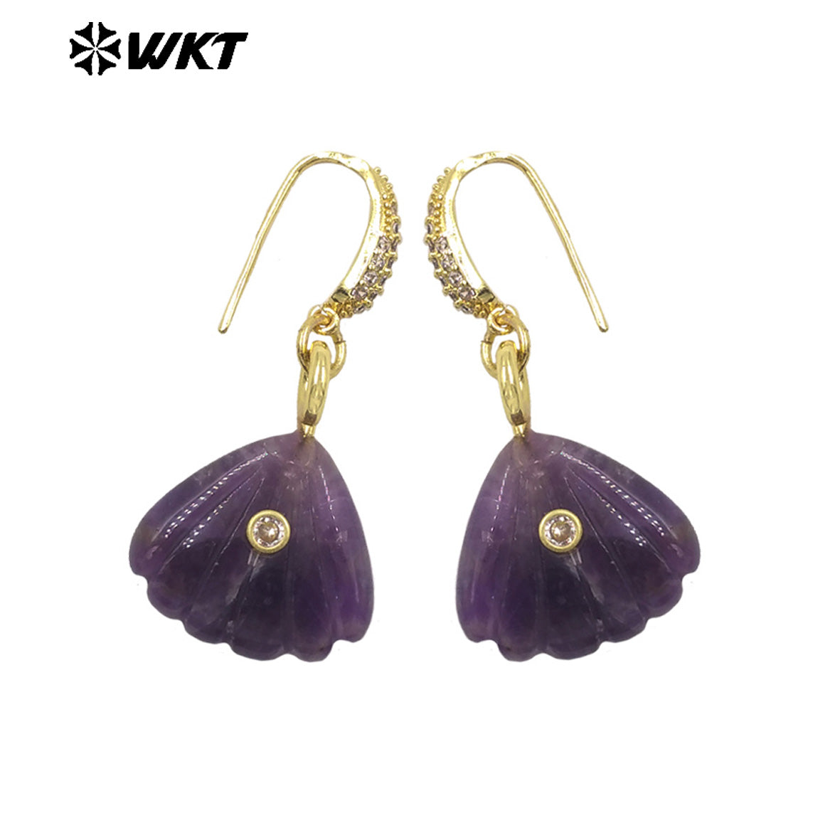 WT-E820 Wonderful Exquisite Natural Gemstones Carved Shell Shape Gold Little Earrings For Women Summer Vacation Wearing
