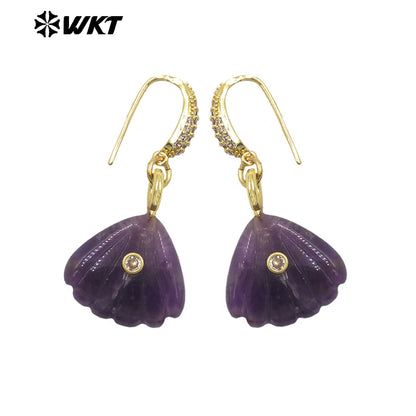 WT-E820 Wonderful Exquisite Natural Gemstones Carved Shell Shape Gold Little Earrings For Women Summer Vacation Wearing