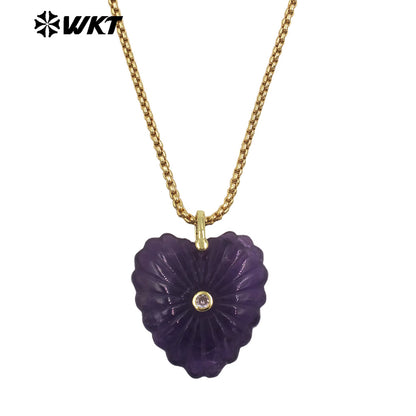 WT-N1524 Romantic Design Gold Chain And Various Natural Gemstones Carved Heart Shape Pendant Necklaces As Valentines’s Day Gift