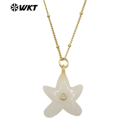 WT-N1532 Popular Trendy Gold Thin Chain With Starfish Shape Natural Gemstones Pendants Necklaces As Female Daily Decoration
