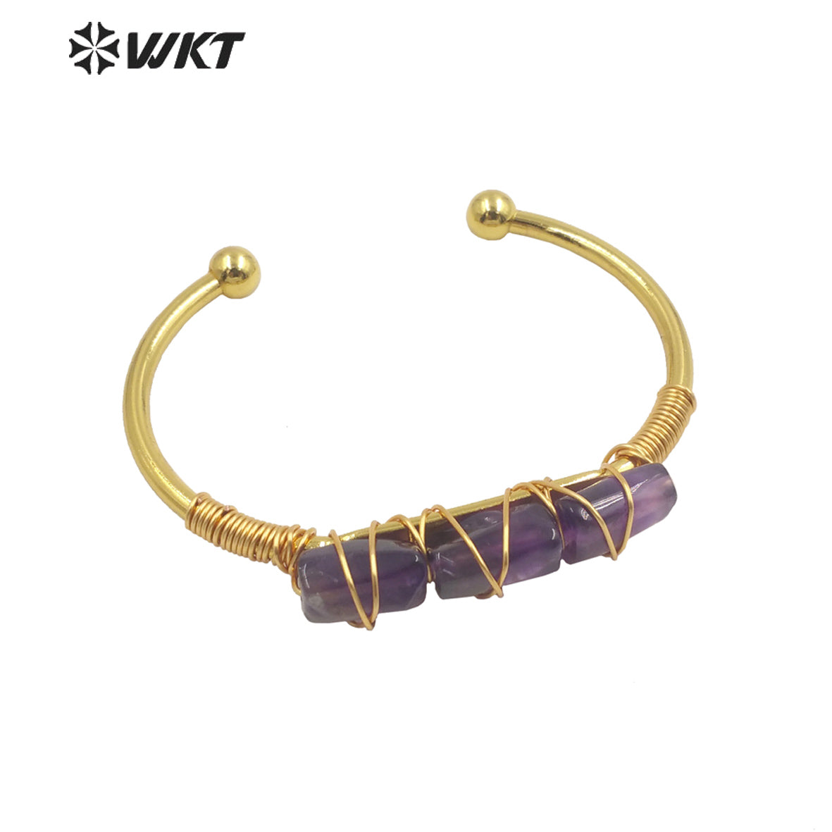WT-B615 Wholesale New Women Handmade Wire Wrapped Natural Gemstone Cuff Bangle in Open Size Boho Stone Bangle for Friends