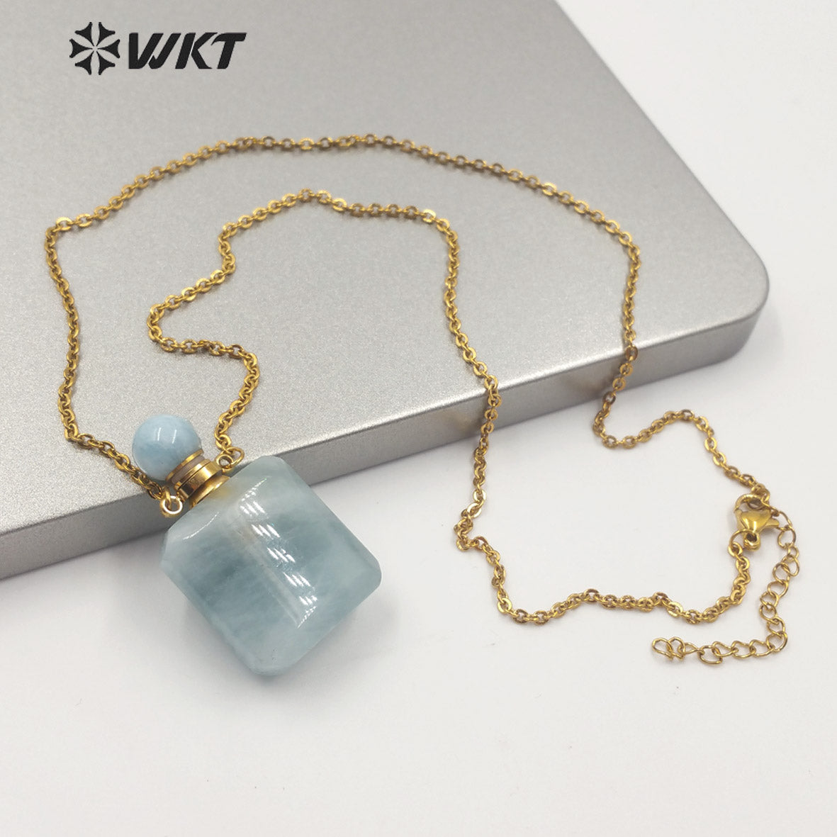 WT-N1190 New Exclusive Design Natural Gemstone Perfume Bottle Necklace in 18k Gold Plated Stylish Perfume Bottle Necklace