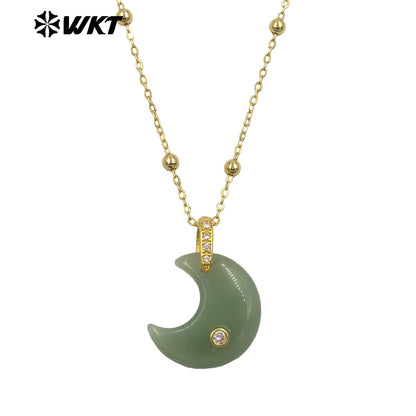 WT-N1530 Factory Wholesale Multiple Natural Gemstones Moon Shape Gold Little Pendants Necklaces For Lady Birthday Gifts