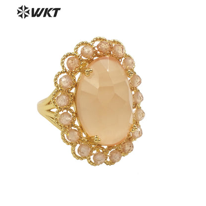 WT-R459 WKT Wholesale New Women 18k Gold Plated Resist Tarnishable Oval Cat Eye Stone Ring Charming Stone Beads Beauty Ring
