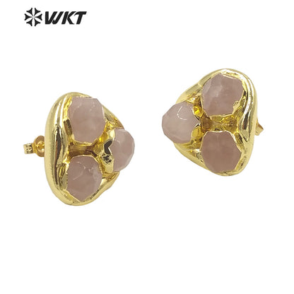 WT-E748 Newest WKT Exclusive Design Natural Triple Assemble Blue Agate Flower Shape Stone Studs America Hot Earrings