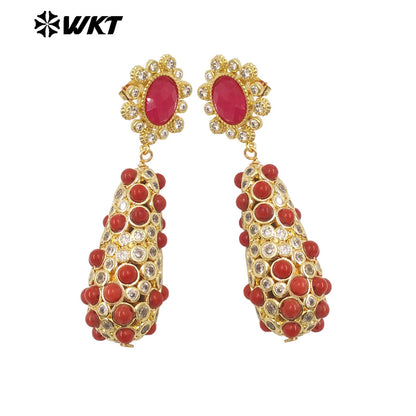 WT-E757 Amazing Popular Fashion Gold Plated Long Dangle Drop With Natural Stond Beads Setting Women Earrings