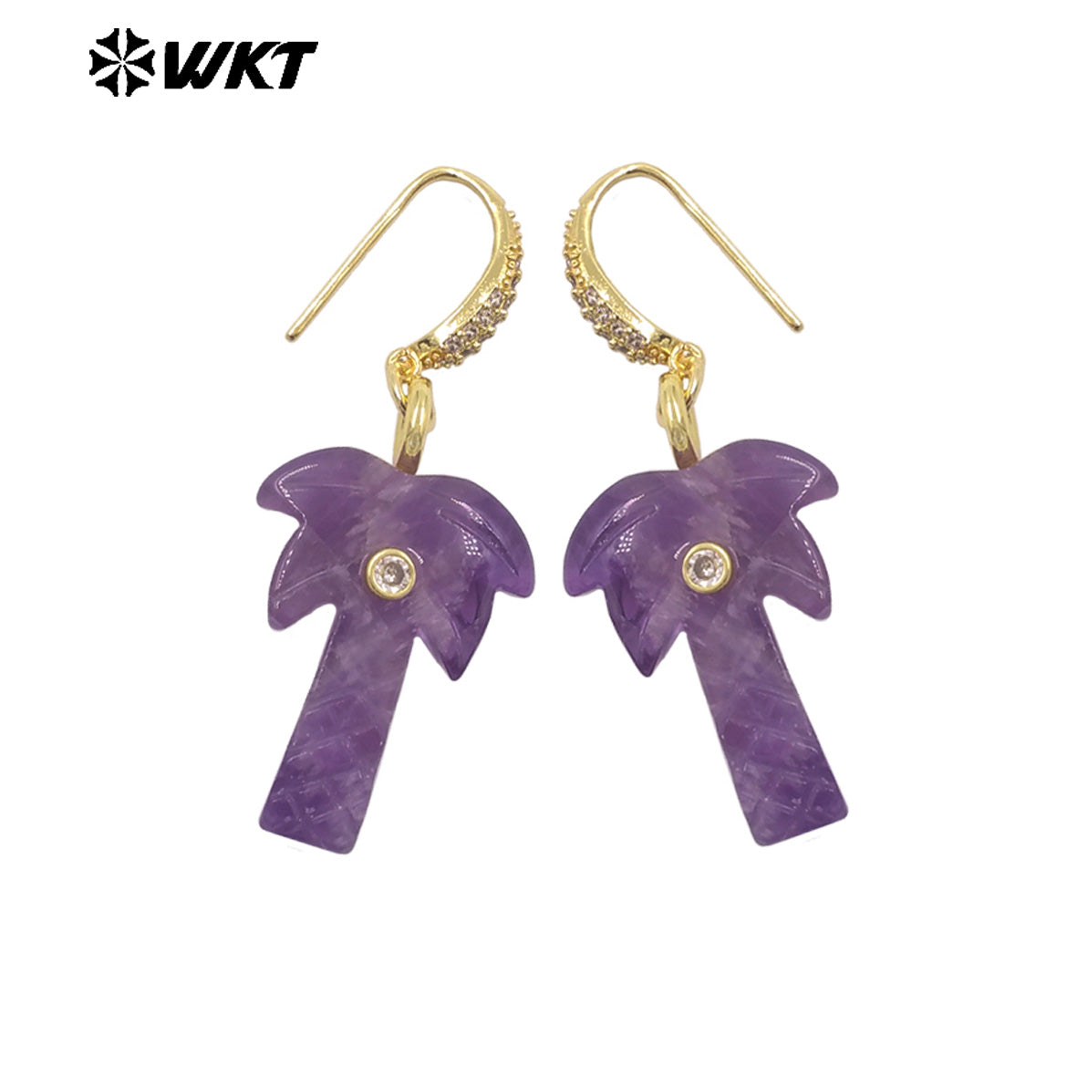 WT-E814 Beautiful Various Natural Gemstones Coconut Tree Shape Gold Pendant Earrings For Girls Summer Matching Jewelry