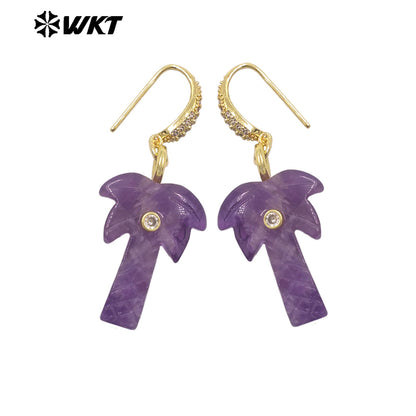 WT-E814 Beautiful Various Natural Gemstones Coconut Tree Shape Gold Pendant Earrings For Girls Summer Matching Jewelry