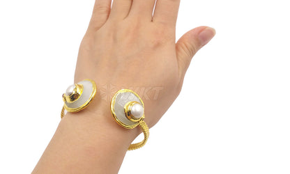 WT-B616 Wholesale Fashion Double Cat Eye Stone Bangle 18k Real Gold Plated Resist Tarnishable Pearl Charm Bangle