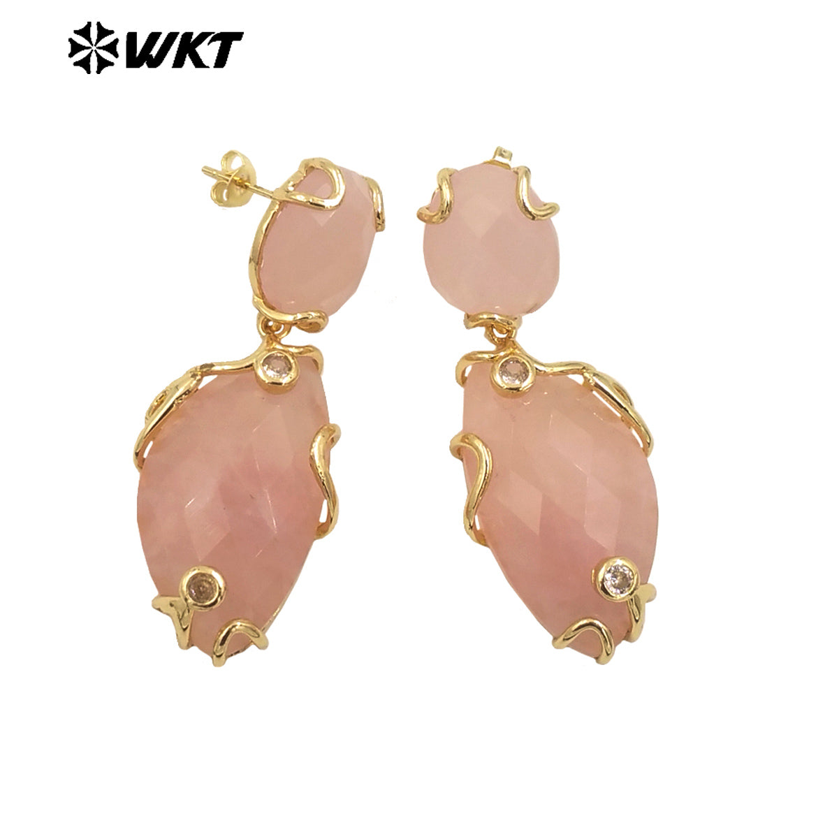 WT-E751 Wholesale New Gorgeous Precious Natural Gemstone Made With Claw Setting Amazonite Rose Quartz Dangle Stone Earrings