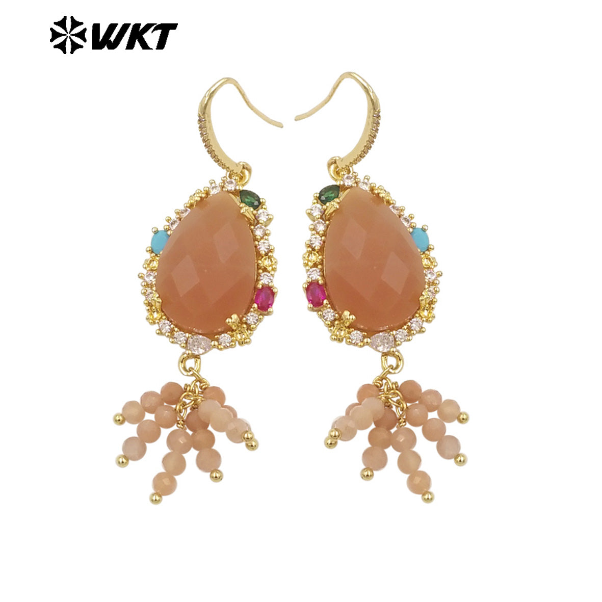 WT-ME107 WKT New Design Most Popular Handmade Wire Wrapped Tiny Beads Dangle Drop Stone Earring With Hoop Gold Party Studs