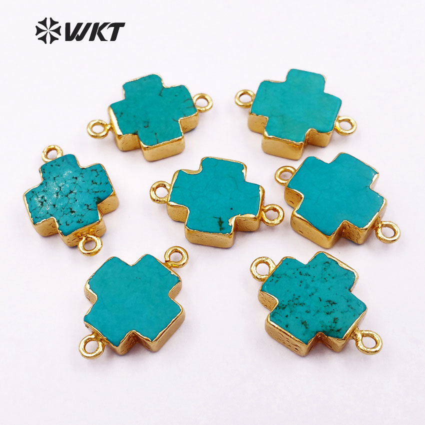 WT-C150 Fashion Cross Turquoise Connector,24k Real Gold Plated Cross Turquoise with Double Loops Charm 15mm Cross Stone