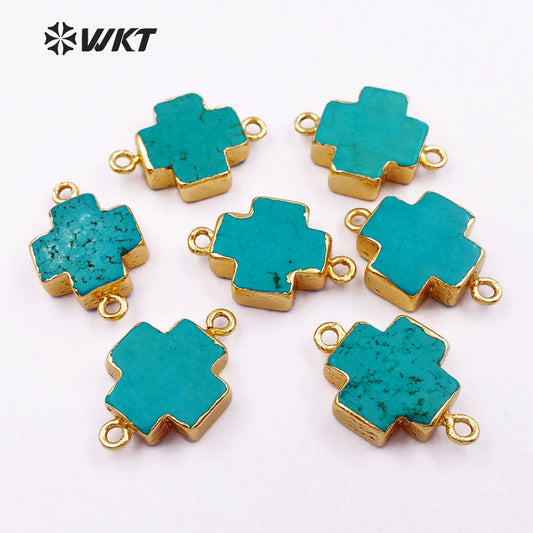 WT-C150 Fashion Cross Turquoise Connector,24k Real Gold Plated Cross Turquoise with Double Loops Charm 15mm Cross Stone