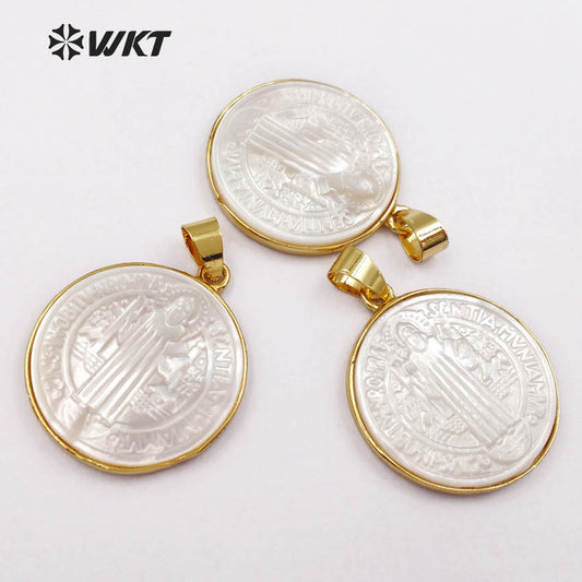 WT-P1355 Newest Round Shape White Shell Pendants for Necklaces 24K Gold Electroplated With Jesus Pattern Women Jewelry Pendant