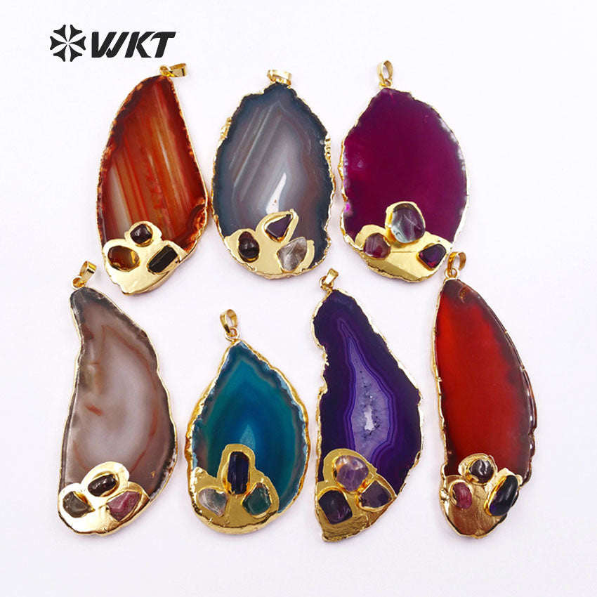 WT-P372 Hot!! Natural Drusy Druzy Slice Agate Pendants with Gemstone Accents Women Jewelry Accessories DIY Natural Stone Pendant